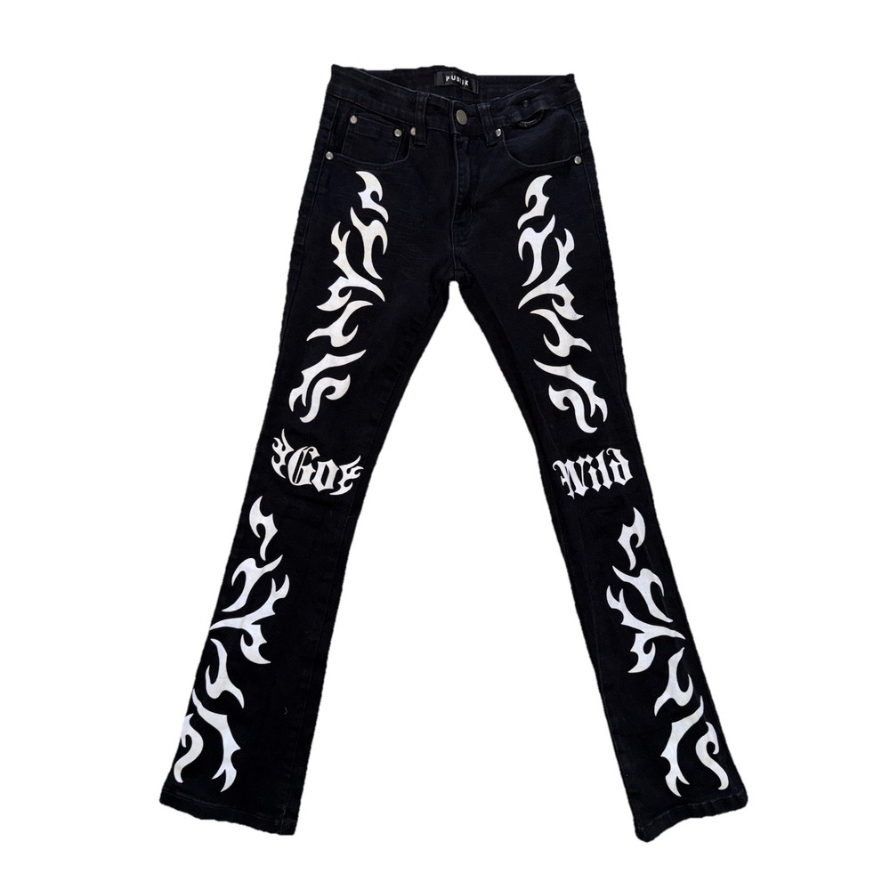 Publik White Felt Flame Design Go Wild Black Flocking Flare Jeans Womens 30 X 34